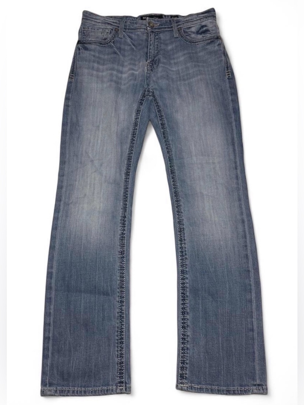 BKE Carter Straight Leg Cotton Buckle Faded Jeans Distressed Stitch Detail 33x32